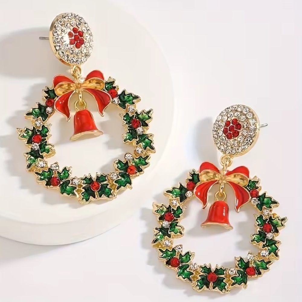 Festive Christmas Wreath Earrings with Red Bell & Bow Holiday Statement Jewelry